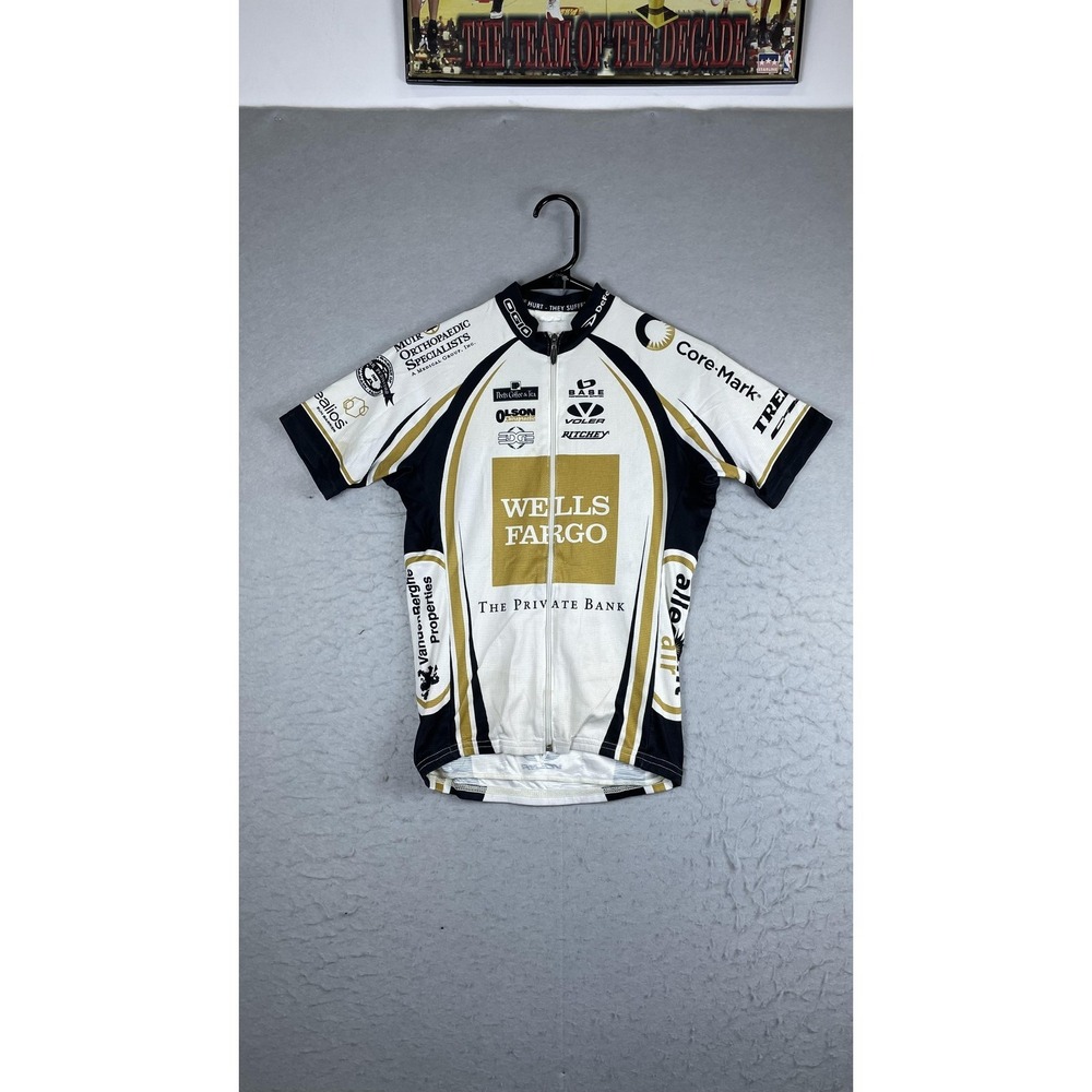 Voler Wells Fargo‎ Cycling Jersey Mens Small White Gold Full Zip Bike Shirt